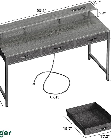 55 inch Computer Desk with 3 Drawers, Office Desk Gaming Desk with LED Lights & Power Outlets, Home Office Desks with Storage Space for Bedroom, Work from Home, Gray - LeafyLoom