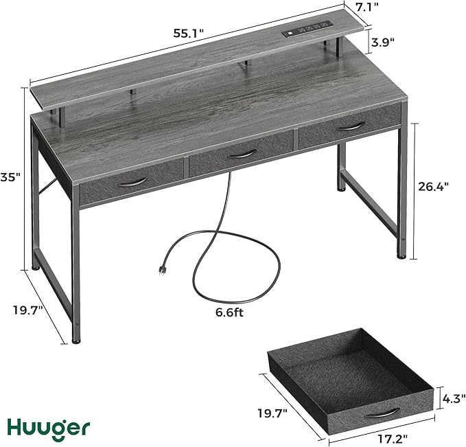 55 inch Computer Desk with 3 Drawers, Office Desk Gaming Desk with LED Lights & Power Outlets, Home Office Desks with Storage Space for Bedroom, Work from Home, Gray - LeafyLoom