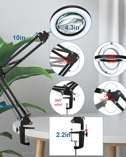 HITTI 5X Magnifying Glass with Light with Clamp, 3 Color Modes Stepless Dimmable Magnifying Lamp, 72 LEDs Real Glass Lens Magnifier with Light and Stand for Close Work Craft Hobby Reading Workbench - LeafyLoom