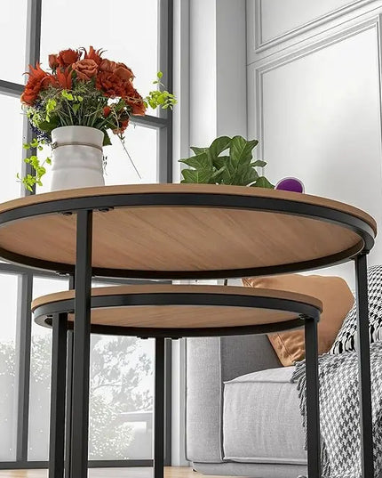 Industrial Round Coffee Table Set of 2 End Table for Living Room,Stacking Side Tables, Sturdy and Easy Assembly,Wood Look Accent Furniture with Metal Frame,Black+Teak OAKDK - LeafyLoom