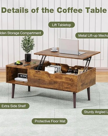 OLIXIS Modern Lift Top Coffee Table Wooden Furniture with Storage Shelf and Hidden Compartment for Living Room Office, Rust Brown - LeafyLoom