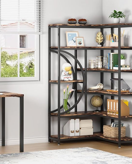TIYASE 6-Shelf Corner Bookshelf Industrial 6-Tier Corner Etagere Bookcase, Large Corner Shelf L-Shaped Book Shelves Display Storage Rack with Metal Frame for Living Room Home Office, Rustic Brown - LeafyLoom