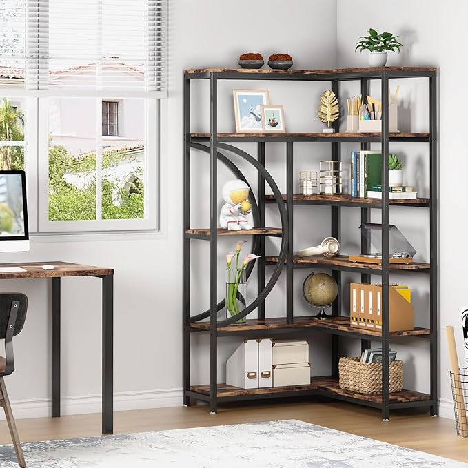 TIYASE 6-Shelf Corner Bookshelf Industrial 6-Tier Corner Etagere Bookcase, Large Corner Shelf L-Shaped Book Shelves Display Storage Rack with Metal Frame for Living Room Home Office, Rustic Brown - LeafyLoom