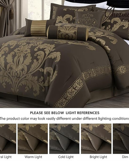 Chezmoi Collection Royale 7-Piece Jacquard Floral Comforter Set, Oversized King, Coffee/Gold - LeafyLoom
