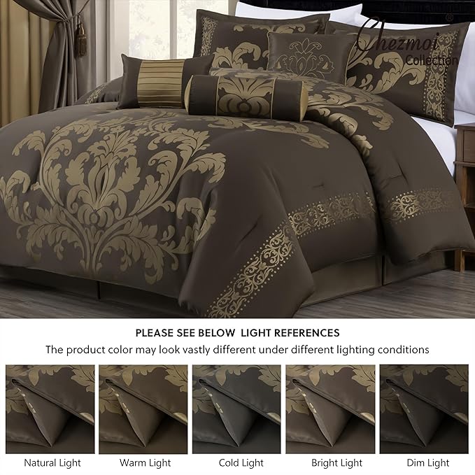 Chezmoi Collection 7-Piece Jacquard Floral Comforter Set (California King, Coffee/Gold) - LeafyLoom