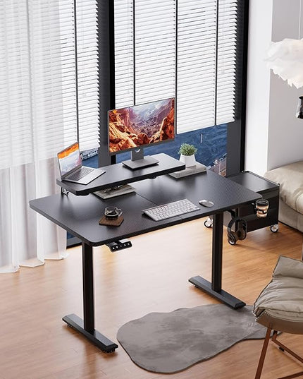 Electric Standing Desk with Monitor Shelf, 47 x 24 Inches Height Adjustable Corner Table, Computer Workstation with Cup Holder and Hook for Home Office, Black, 47x24 Inch - LeafyLoom
