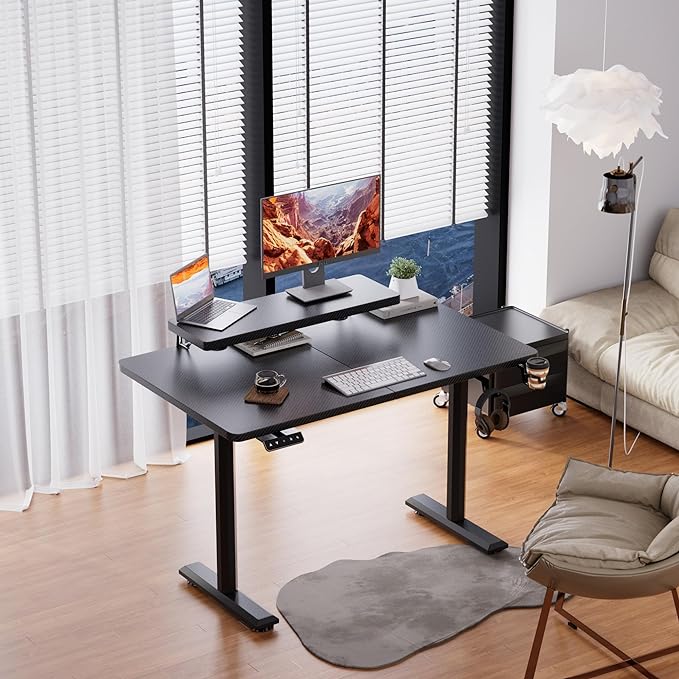 Electric Standing Desk with Monitor Shelf, 47 x 24 Inches Height Adjustable Corner Table, Computer Workstation with Cup Holder and Hook for Home Office, Black, 47x24 Inch - LeafyLoom
