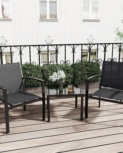 Greesum 3 Pieces Patio Furniture Set Outdoor Conversation Textilene Fabric Chairs for Lawn, Garden, Balcony, Poolside with A Glass Coffee Table, Black - LeafyLoom