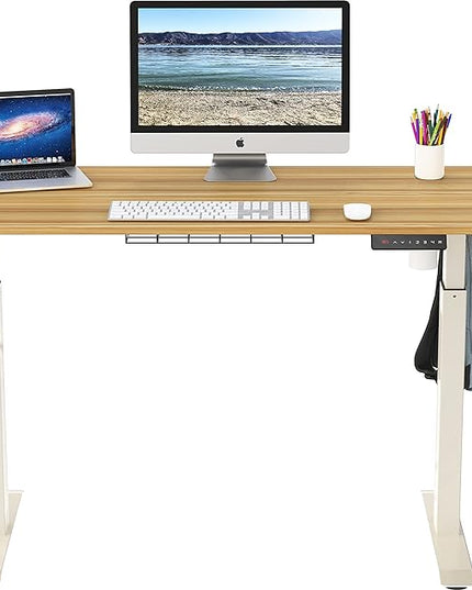 SHW Electric Height Adjustable Standing Desk with Hanging Hooks and Cable Management, 48 x 24 Inches, Oak - LeafyLoom
