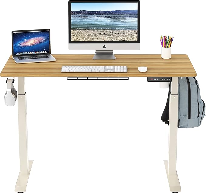 SHW Electric Height Adjustable Standing Desk with Hanging Hooks and Cable Management, 48 x 24 Inches, Oak - LeafyLoom