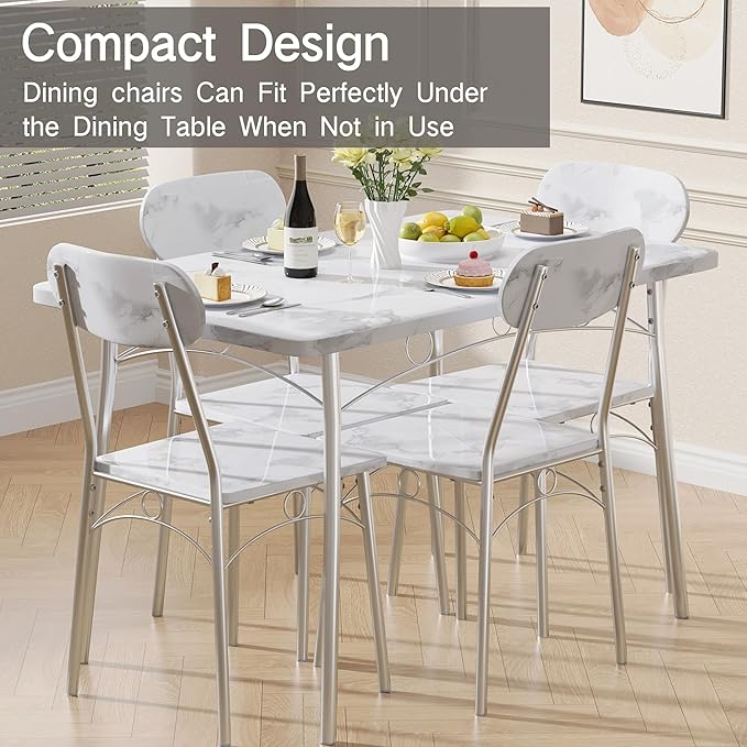 VECELO Dining Table Set for 4 5 Piece Dinette with Chairs for Kitchen, Breakfast Nook and Small Space, 43.3", White - LeafyLoom