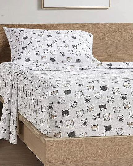 Comfort Spaces Cotton Flannel Breathable Warm Deep Pocket Sheets with Pillow Case Bedding, Twin, Grey/Pink Cats, 3 Piece - LeafyLoom