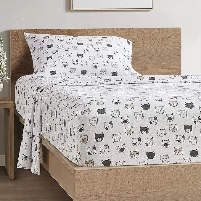 Comfort Spaces Cotton Flannel Breathable Warm Deep Pocket Sheets with Pillow Case Bedding, Twin, Grey/Pink Cats, 3 Piece - LeafyLoom