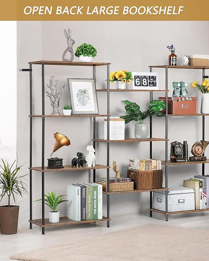melos 4 Tier Bookshelf, Industrial Bookcase, Large Etagere Bookshelf Open Display Shelves with Metal Frame and 2 Anti-Tipping Strap, Brown - LeafyLoom