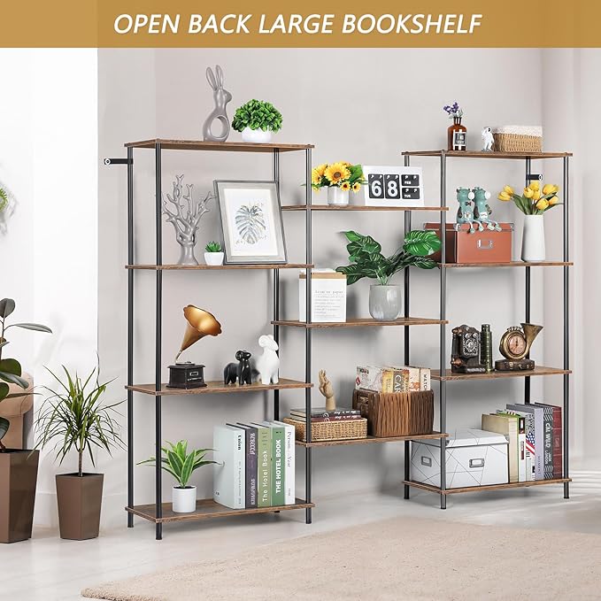 melos 4 Tier Bookshelf, Industrial Bookcase, Large Etagere Bookshelf Open Display Shelves with Metal Frame and 2 Anti-Tipping Strap, Brown - LeafyLoom