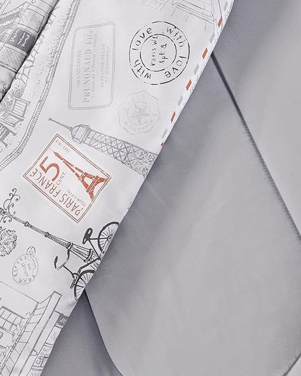 Printed Queen Bedding Sets with Comforter and Sheets, 7 Piece Bed in A Bag Comforter Set with Fluffy Microfiber, Vintage French Paris City Retro Eiffel Tower Pattern - LeafyLoom