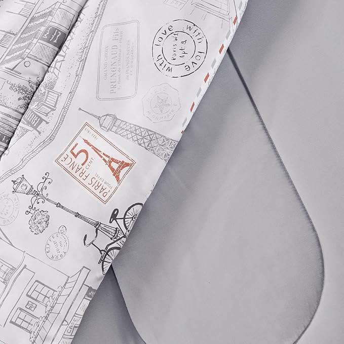 Printed Queen Bedding Sets with Comforter and Sheets, 7 Piece Bed in A Bag Comforter Set with Fluffy Microfiber, Vintage French Paris City Retro Eiffel Tower Pattern - LeafyLoom