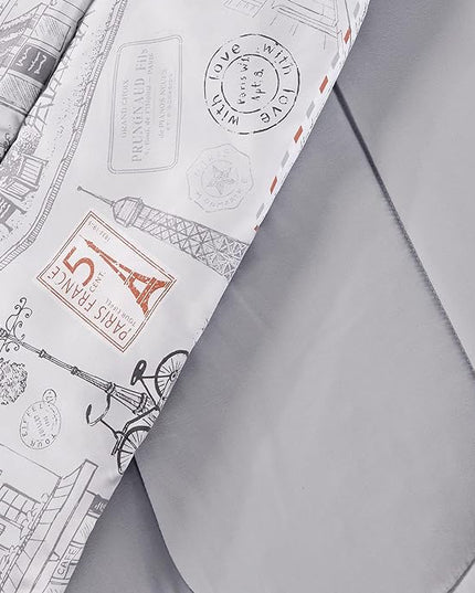 Printed King Bedding Sets with Comforter and Sheets, 7 Piece Bed in A Bag Comforter Set with Fluffy Microfiber, Vintage French Paris City Retro Eiffel Tower Pattern - LeafyLoom