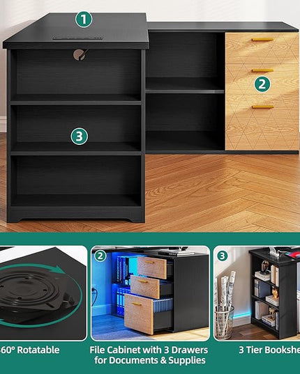 DWVO L Shaped Desk with Drawers, 59" Corner Computer Desk with Power Outlets & LED Lights, 360 Rotating Corner Desk Office Desk with Bookshelf, Wood Desk, Black - LeafyLoom