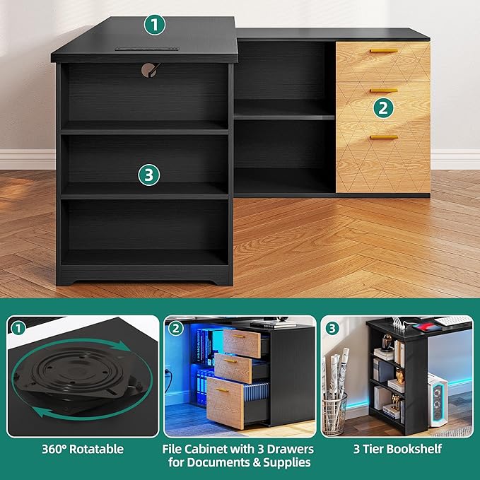 DWVO L Shaped Desk with Drawers, 59" Corner Computer Desk with Power Outlets & LED Lights, 360 Rotating Corner Desk Office Desk with Bookshelf, Wood Desk, Black - LeafyLoom