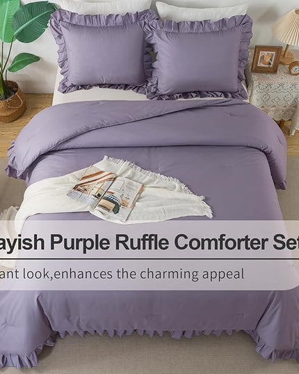 Andency California King Comforter Sets Grayish Purple (104x96Inch), 3 Pieces Cal King Ruffle Comforter, Oversized Farmhouse Shabby Chic Bed Comforter, Lightweight Soft Microfiber Bedding Set - LeafyLoom
