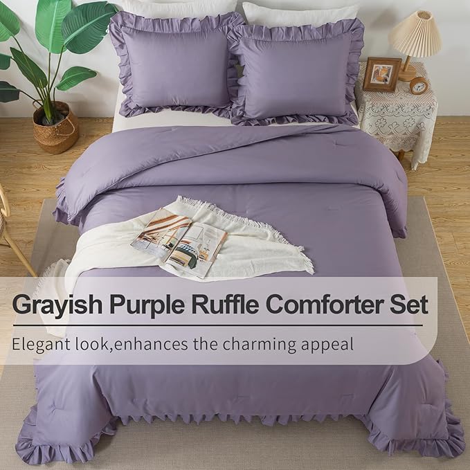 Andency Grayish Purple Ruffle Comforter Set Twin, 2 Pieces Kids Comforter Set Twin(66x90Inch), Lightweight Soft Shabby Chic Bedding Comforter Sets All Season Bed Set for bedrooms - LeafyLoom