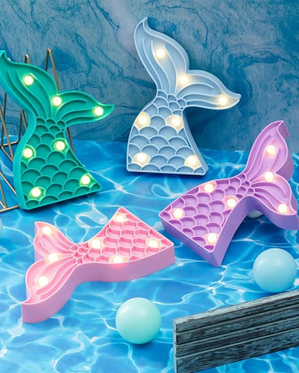 4 Pcs Cute Mermaid Tail Night Light Mermaid Party Supplies Birthday Party Decor Mermaid Lamp Battery Operated LED Light for Table Wall Bedrooms Living Room for Girl Boy Kid Gifts, 4 Colors - LeafyLoom