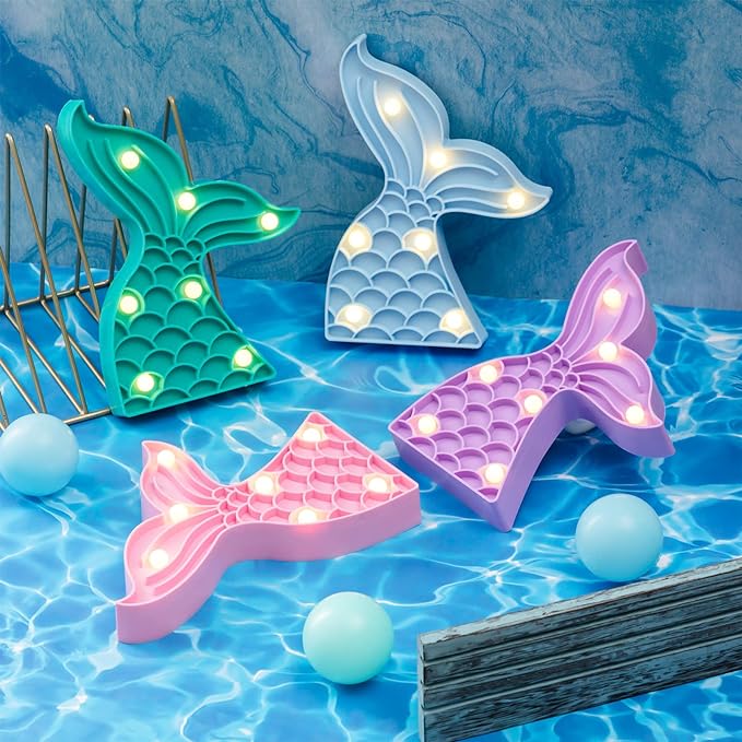 4 Pcs Cute Mermaid Tail Night Light Mermaid Party Supplies Birthday Party Decor Mermaid Lamp Battery Operated LED Light for Table Wall Bedrooms Living Room for Girl Boy Kid Gifts, 4 Colors - LeafyLoom