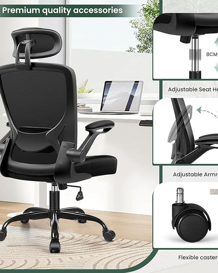 KERDOM Ergonomic Office Chair, Breathable Mesh Desk Chair with Headrest and Flip-up Arms for Office,Gaming,Computer Lumbar Support Swivel Task Chair, Adjustable Height,Black - LeafyLoom