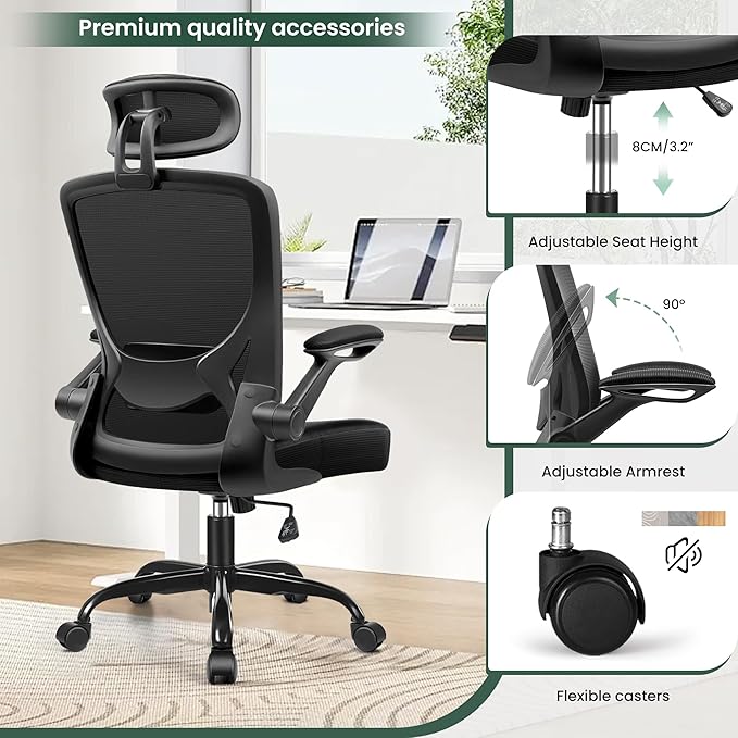 KERDOM Ergonomic Office Chair, Breathable Mesh Desk Chair with Headrest and Flip-up Arms for Office,Gaming,Computer Lumbar Support Swivel Task Chair, Adjustable Height,Black - LeafyLoom