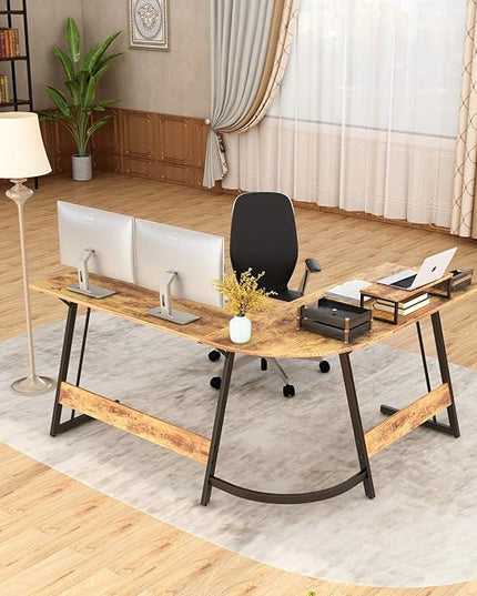 BANTI 59 x 47 inch L-Shaped Desk Computer Corner Desk, Home Office Writing Study Workstation with Small Table, Space Saving, Easy to Assemble, Brown - LeafyLoom