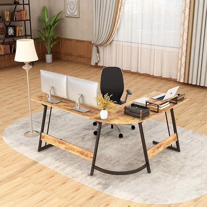 BANTI 59 x 47 inch L-Shaped Desk Computer Corner Desk, Home Office Writing Study Workstation with Small Table, Space Saving, Easy to Assemble, Brown - LeafyLoom