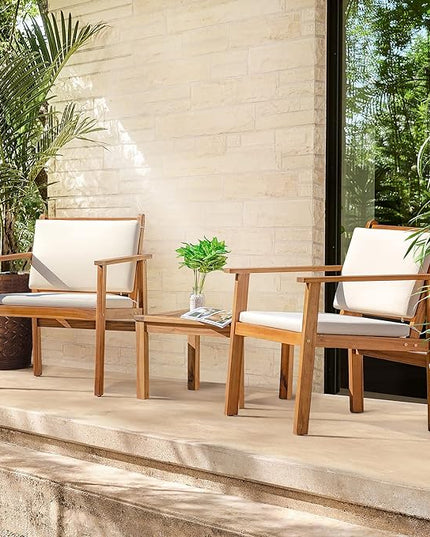 Greesum 3 Piece Bistro Patio Furniture Outdoor Chat Chair Set with Water Resistant Cushions and Coffee Table for Beach Backyard Garden, White - LeafyLoom