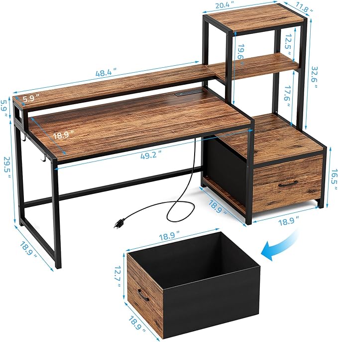 GreenForest Computer Desk with Drawer and Printer Shelf, 68.8 inch Home Office Desk with LED Lights and Power Outlets, Desk with Storage for Study Gaming Working, Walnut - LeafyLoom