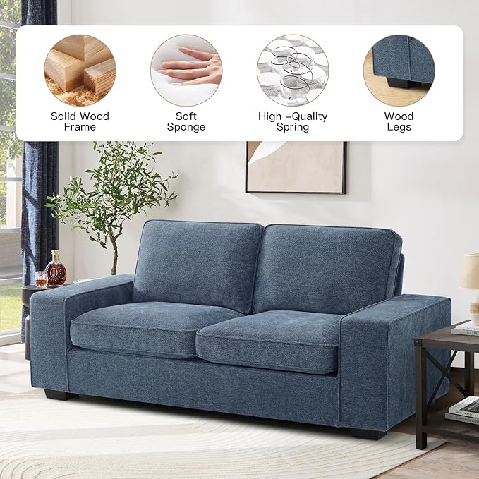 EASELAND 71" Loveseat, Small Chenille Loveseat for Small Spaces, 2-Seater Modern Deep Seat Couch with Removable Back and Cushions, Lounge Sofa for Bedroom with Wood Legs and Fluffy Armrest (Blue) - LeafyLoom