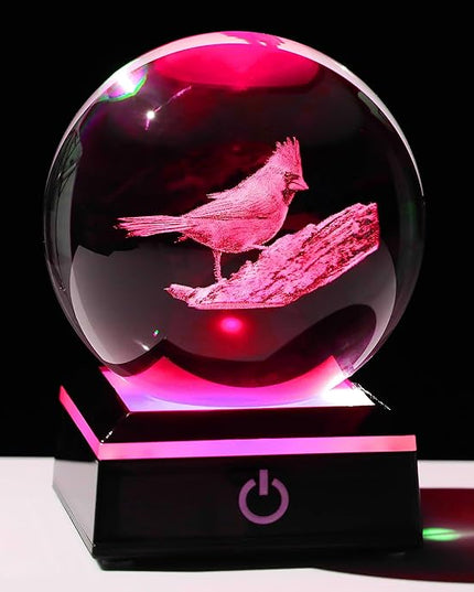 Qianwei Cardinal Gifts for Women Men Crystal Ball - 3D Laser Cardinal Decor Glass Animals Red Bird Figurines Statue Stuff for Room Decorations Cardinal Night Light - LeafyLoom