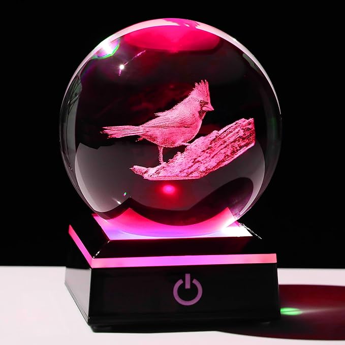 Qianwei Cardinal Gifts for Women Men Crystal Ball - 3D Laser Cardinal Decor Glass Animals Red Bird Figurines Statue Stuff for Room Decorations Cardinal Night Light - LeafyLoom