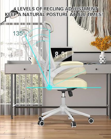 𝑯𝑶𝑴𝑬 𝑶𝑭𝑭𝑰𝑪𝑬 𝑪𝑯𝑨𝑰𝑹, Ergonomic Mesh Desk Chair, High Back Computer Chair- Adjustable Headrest with Flip-Up Arms, Lumbar Support, Swivel Executive Task Chair (Modern, Beige) - LeafyLoom