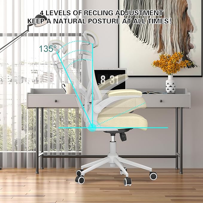 𝑯𝑶𝑴𝑬 𝑶𝑭𝑭𝑰𝑪𝑬 𝑪𝑯𝑨𝑰𝑹, Ergonomic Mesh Desk Chair, High Back Computer Chair- Adjustable Headrest with Flip-Up Arms, Lumbar Support, Swivel Executive Task Chair (Modern, Beige) - LeafyLoom