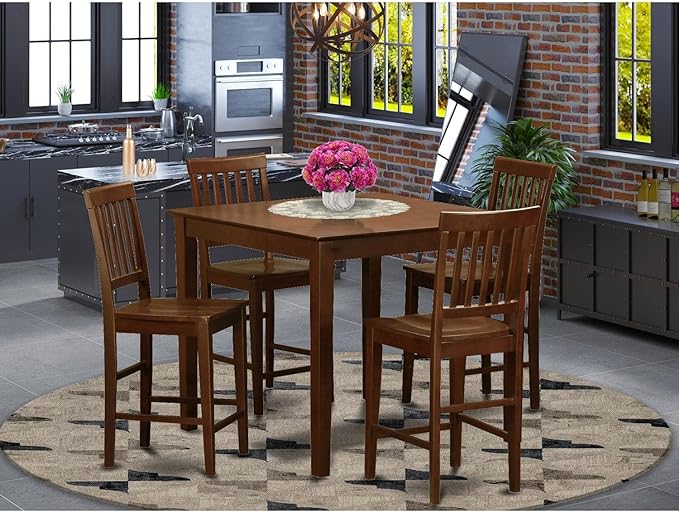 East West Furniture VERN5-MAH-W 5 Piece Counter Height Dining Table Set Includes a Square Kitchen Table and 4 Dining Chairs, 36x36 Inch, Mahogany - LeafyLoom