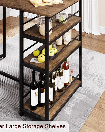 Dining Table Set for 2, Kitchen Table and Upholstered Chairs for 2, 3 Piece Counter Height Bar Table Set with 3 Large Storage Shelves for Small Space, Apartment, Studio, Rustic Brown - LeafyLoom