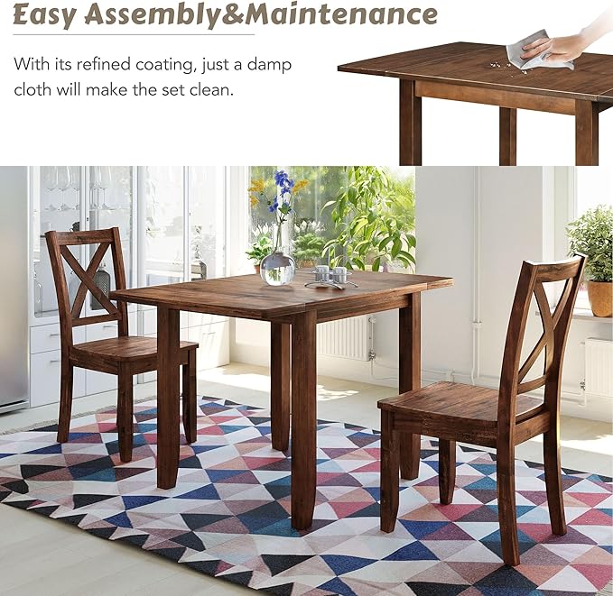 Farmhouse Style Wood Breakfast Nook 2 X-Back Chairs, Extendable Drop Leaf Design & Easy Assembly, Room, Kitchen, 3 Piece Dining Table Set, Brown 27 - LeafyLoom