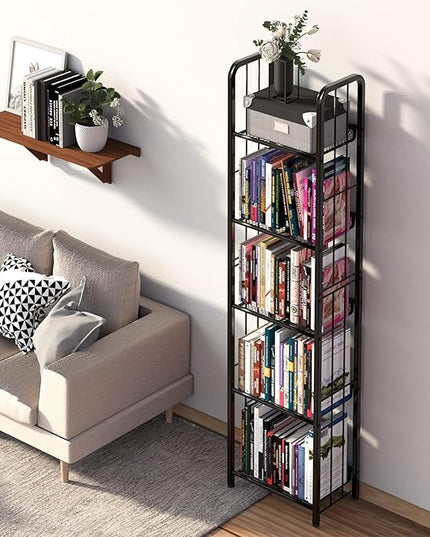 Bookshelf Storage Shelf Bookcase Freestanding Storage Stand for Living Room, Bedroom, Kitchen Rust Resistance Easy Assembly Free Combination Multi-Functional Organizer (5 Tiers, Black) - LeafyLoom