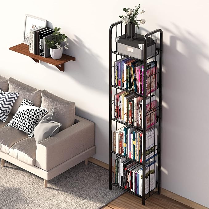 Bookshelf Storage Shelf Bookcase Freestanding Storage Stand for Living Room, Bedroom, Kitchen Rust Resistance Easy Assembly Free Combination Multi-Functional Organizer (5 Tiers, Black) - LeafyLoom