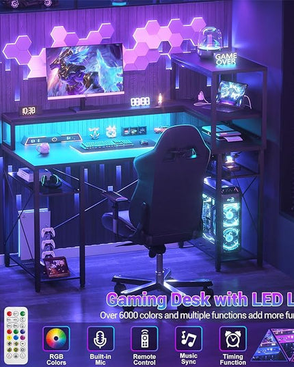 Cyclysio Gaming Desk with LED Light, 47 inch Computer Desk with Storage Shelves, Adjustable Home Office Desk with Power Outlets, Computer Gaming Desk with Long Monitor Stand for Small Space, Black - LeafyLoom
