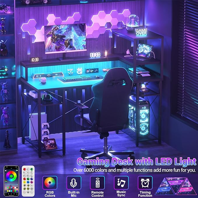 Cyclysio Gaming Desk with LED Light, 47 inch Computer Desk with Storage Shelves, Adjustable Home Office Desk with Power Outlets, Computer Gaming Desk with Long Monitor Stand for Small Space, Black - LeafyLoom