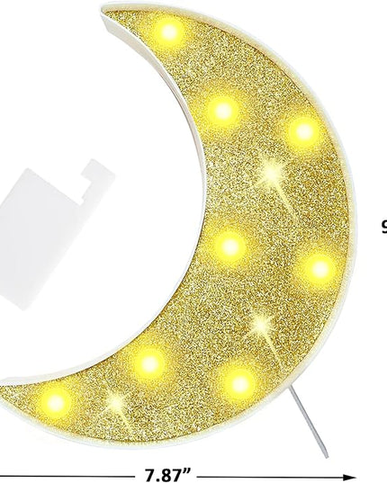Moon Marquee Lights Decorations, Glitter LED Lighted Moon Lamp, Battery Operated Crescent Moon Night Light for Ramadan Home Table Baby Shower Party Decor, Shiny Gold Moon - LeafyLoom