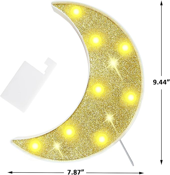 Moon Marquee Lights Decorations, Glitter LED Lighted Moon Lamp, Battery Operated Crescent Moon Night Light for Ramadan Home Table Baby Shower Party Decor, Shiny Gold Moon - LeafyLoom