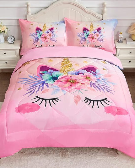 Pink Unicorn Queen Bedding Set for Girls 3 Piece Kids Comforter Set Cartoon Unicorn Flowers Quilt Set Bed in A Bag Lightweight Duvet Bed Set for Kids Teen Girls Women Bedroom Decor with 2 Pillowcases - LeafyLoom