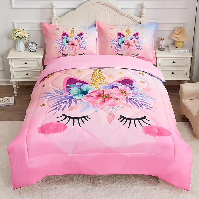 Pink Unicorn Queen Bedding Set for Girls 3 Piece Kids Comforter Set Cartoon Unicorn Flowers Quilt Set Bed in A Bag Lightweight Duvet Bed Set for Kids Teen Girls Women Bedroom Decor with 2 Pillowcases - LeafyLoom